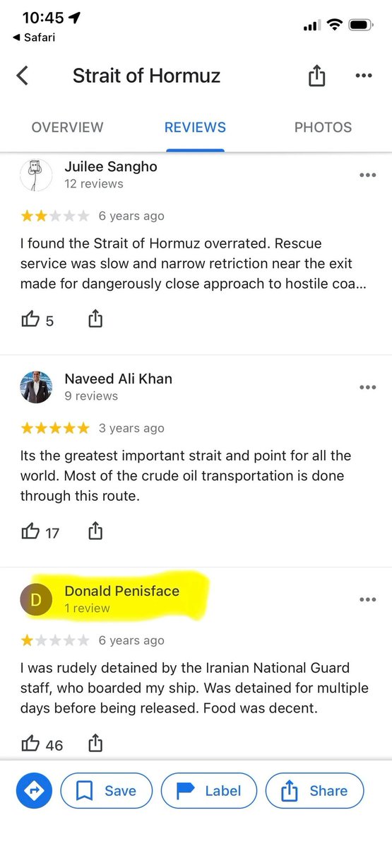 0xSweep's tweet photo. These google maps reviews of Strait of Hormuz from years ago are actually insane https://t.co/e8FOSEvdf4