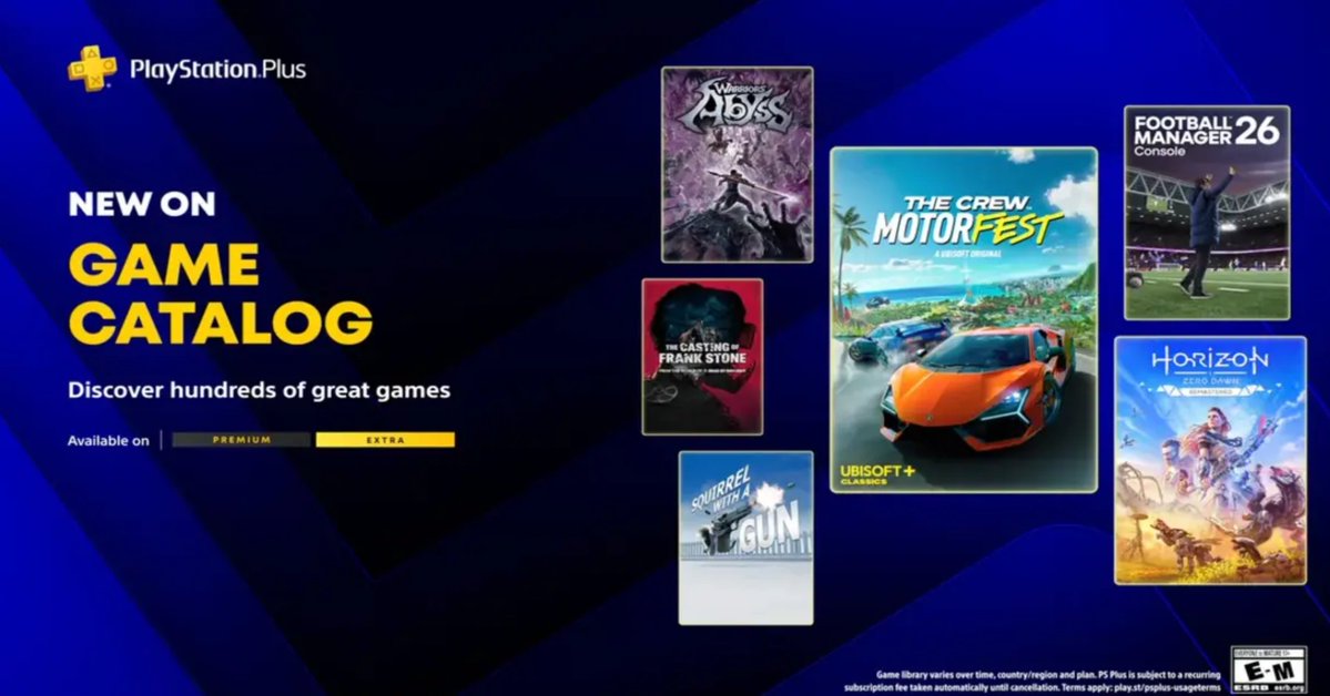 71Jugones's tweet image. Juegos de #PSPlus Extra y Premium de abril 
The Crew Motorfest
Horizon Zero Dawn Remastered
Horizon Zero Dawn Complete Edition
Football Manager 26
Warriors: Abyss
Squirrel with a Gun
The Casting of Frank Stone
Monster Train
Wild Arms 4
#games #PS5 #jugones71