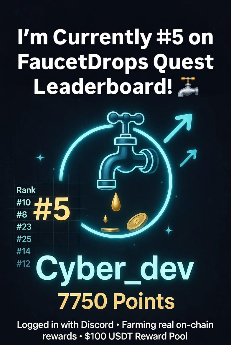 CyberOnChain's tweet photo. I'm currently #5 on FaucetDrops Quest Leaderboard with 7750 points! 💧🔥

Logged in with Discord only — no seed phrase stress. Farming real on-chain rewards.

$100 USDT reward pool still active 👀

What's your rank? Drop it below 👇

#FaucetDrops #Quests https://t.co/214hgSbTDj