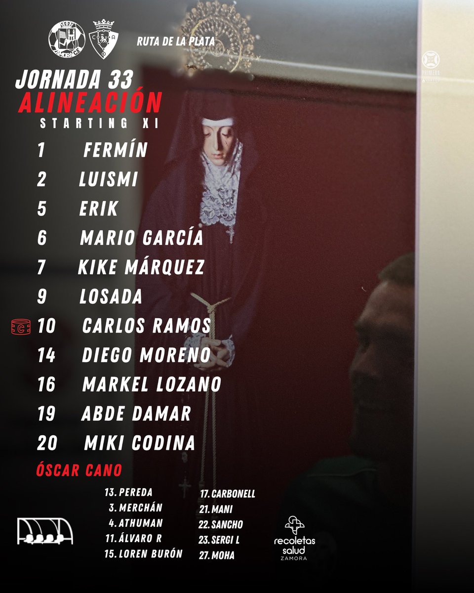 JORNADA 33⚽️|

¡Ya tenemos alineación!⚽️

Salimos con el siguiente once frente a <a href="/Osasuna_Tajonar/">Tajonar</a> ⚔️🛡️

#VamosMiZamora