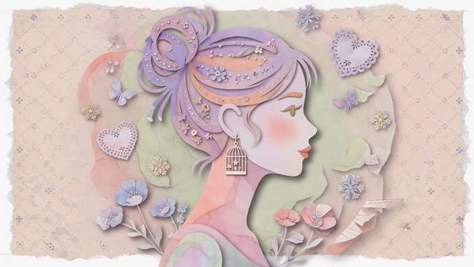 RockGrokAI's tweet image. #Promptshare Whimsical paper cutout-inspired watercolor of a stylized young woman’s profile. Layered silhouette effect with delicate cut-paper-like edges, combined with soft transparent washes. Playful yet elegant composition with floating decorative elements and subtle patterned