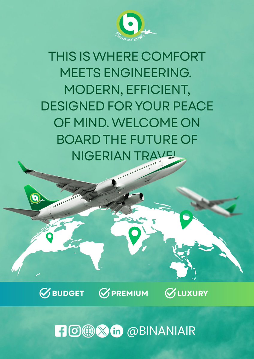 Every takeoff to touchdown, we put you first.
Welcome to a smarter way to fly.
Nigeria, we are ready for you.
Comfort, safety, excellence every flight.
#TravelInComfort #FirstclassFeeling #SkyLuxury #FlyBinaniAir