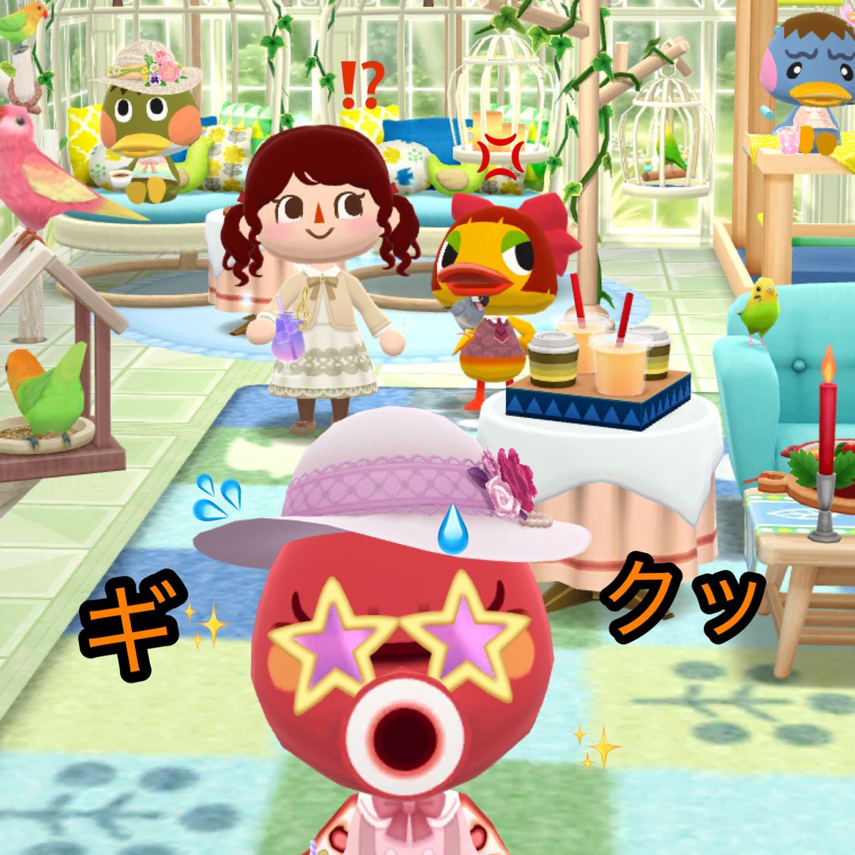 It08ZuhNAAdZTxm's tweet image. アヒルーム③

アヒル族の女子会にお呼ばれしました👩
ここがアヒル族の集会所です♪
こんなに素敵なので多目的に活用してるんです🦆

アンヌちゃん今日はお招きありがとう👩
カモミちゃんを見張る人が必要だったので✨それより−🪿

アレ誰？🪿

プリンセスおくこ…だったかな？🦆

#ポケ森 #acpc