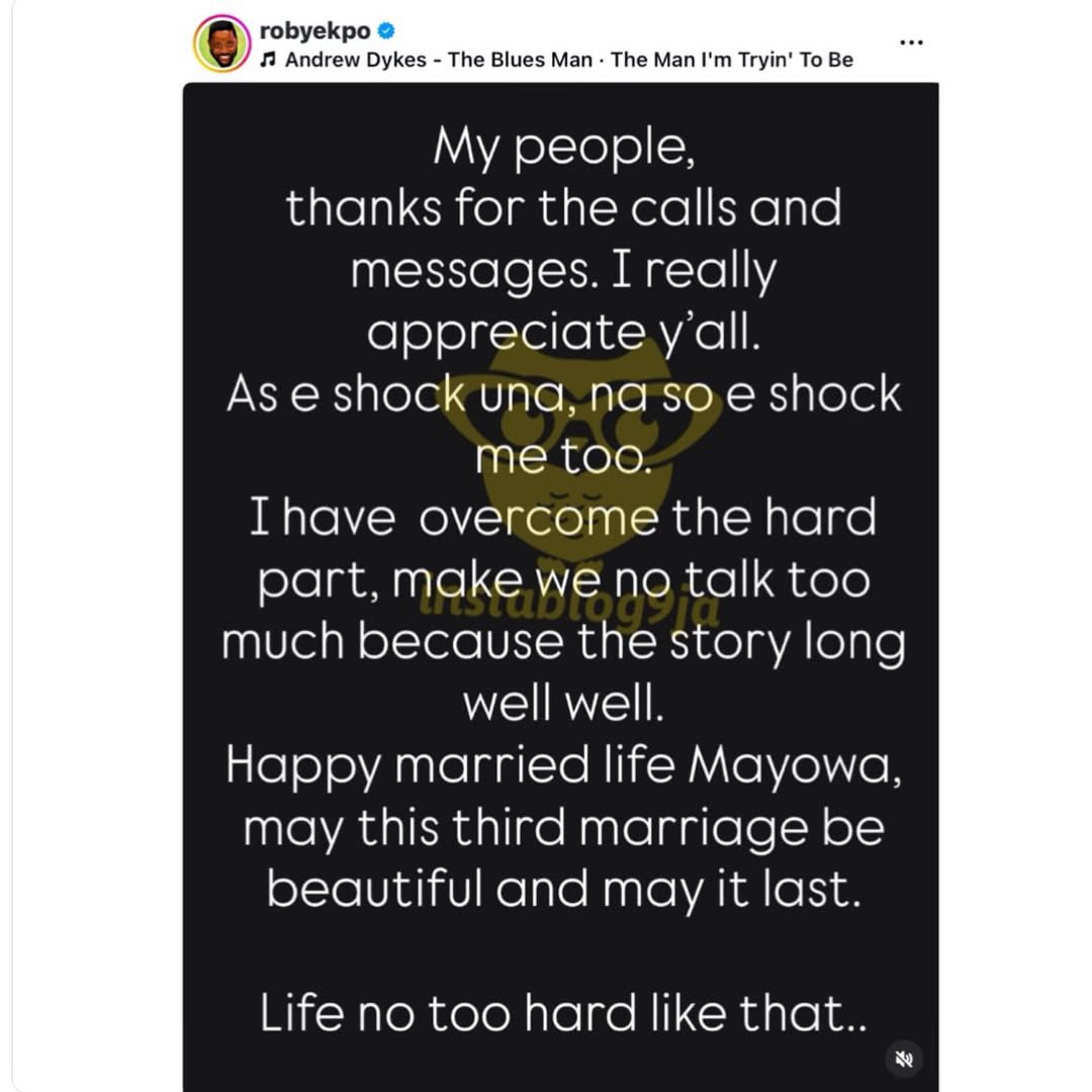 instablog9ja's tweet photo. I’m 48 With No Child, I Found Out My ex-Wife Was On Contraceptives during our marriage of 11 years— Roby Ekpo Reveals 

After 11 years in a long-distance marriage with OAP Mayowa, Roby Ekpo has opened up about the struggles he faced in their relationship the moment he saw her wedding pictures online and how their relationship fell apart. 

Speaking during a recent episode of The Honest Bunch podcast, he shared deeply personal details about the breakdown of the marriage and claims he discovered over time. 

According to him, he only recently became aware of a message his wife allegedly sent to someone, where she expressed dissatisfaction in the marriage. 

In the message, she reportedly said that love had not benefited her, adding that her husband was not taking care of her as expected, not satisfying her s+xually, and not supportive of her spiritual growth or general well-being. 

He also claimed that she once travelled to Miami, telling him it was for a medical procedure meant to help her conceive, but he later came to believe it was for a different procedure entirely. 

Roby further concluded saying; “I am 48 years old, I don’t have a kid. I started going for sperm test despite being a Calabar man. I now got to find out that she was taking contraceptives. She traveled to Miami to do BBL after telling me she was going for surgery for something that would be able to make her conceive.”