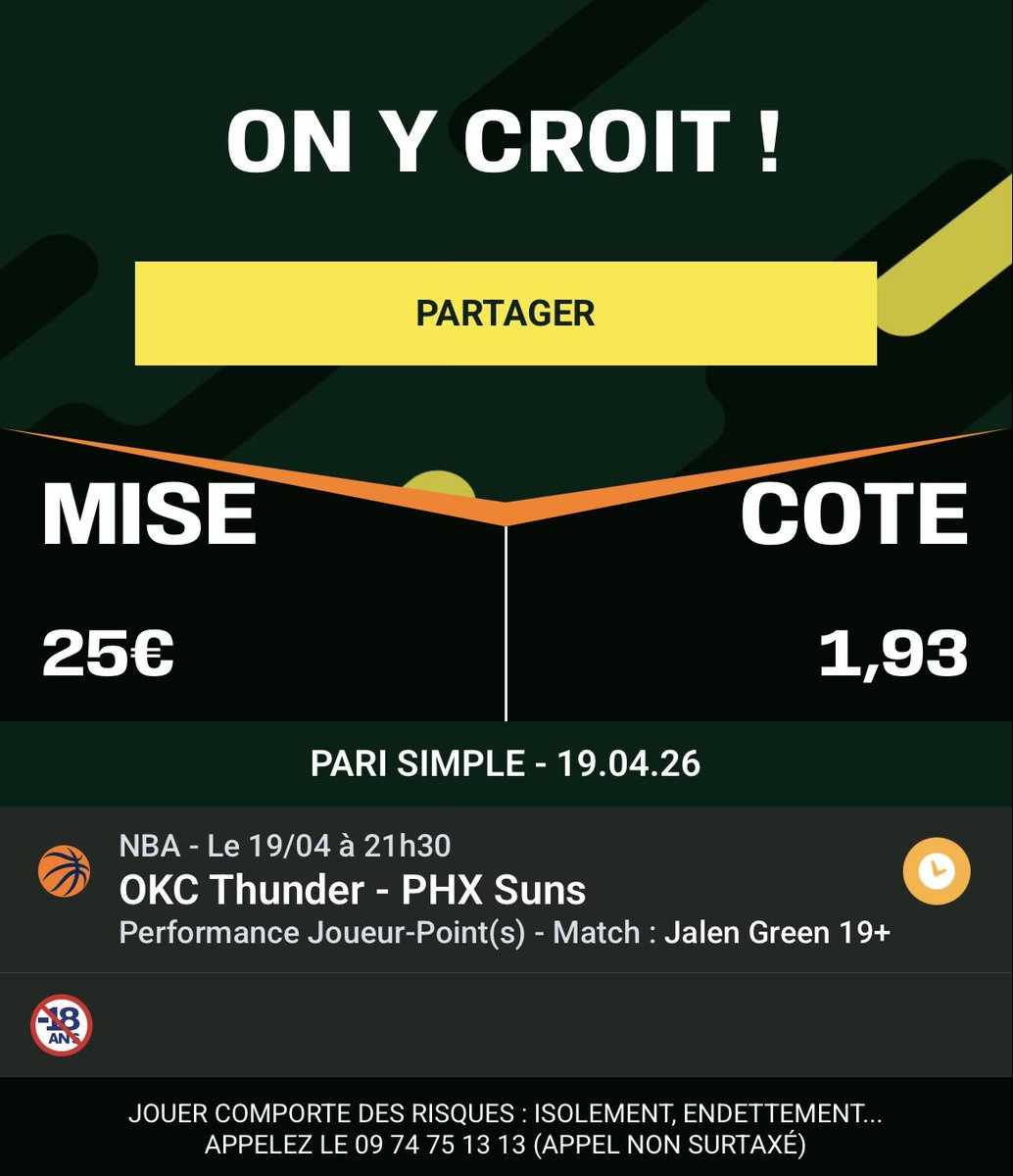 SknurtBetting's tweet image. 🗓️ 19/04 - #NBA Playoffs Pick #2 :

🎯 Jalen Green +18,5 points @ 1,93 | 1,25%

Cut passé 16/20 récemment avec 22,6 points/match et deux cartons au Playin. J’attends un match compliqué pour Booker face à Lu Dort.

👉 RT♻️ si tu suis &amp;amp; ❤️ si tu soutiens ! GL 🍀