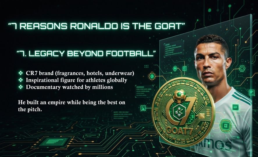goat7token's tweet photo. "7. 
LEGACY BEYOND FOOTBALL

✍CR7 brand (fragrances, hotels, underwear)

✍ Inspirational figure for athletes globally

✍ Documentary watched by millions

He built an empire while being the best on the pitch.

 #GOAT7Revelation #GOAT7 $GOAT7 #CR7 #GOAT7LegacyToken #GOAT7Legacy #WEB3 #BNB #BSC #GOAT7airdrop #ChristianoRonaldo #Christiano #Ronaldo
