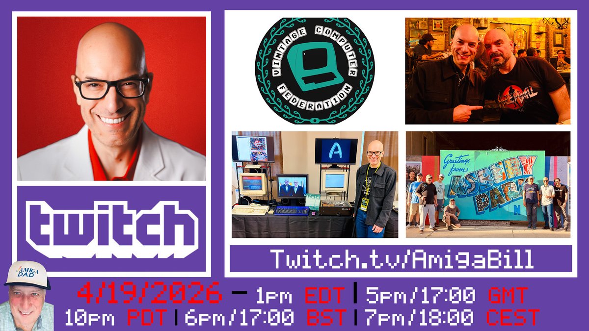 AmigaBill_'s tweet image. Live Stream TODAY ONE HOUR EARLIER Sunday Funday April 19, 2026 - 1pm EDT/5pm GMT/7pm CEST -  VCF East YouTube/Streamer Panel with AmigaBill, @ModernVintageG , @retrohouruk , @ActionRetro1 , 1 Maybe 2 Retro #commodore #commodoreamiga #amiga #YouTube LINK: twitch.tv/amigabill
