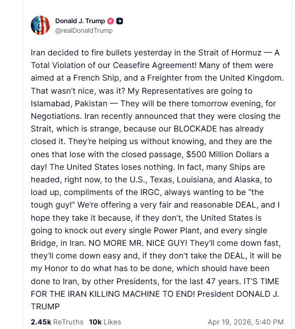 GoldySrivastav's tweet image. #USPresident Donald Trump alleged that Iran violated a ceasefire by firing in the Strait of Hormuz, said US representatives will travel to Islamabad for negotiations, and warned of strong action if a deal is not accepted.

#DonaldTrump
#US
#Iran
#StraitOfHormuz
#NewsFlash