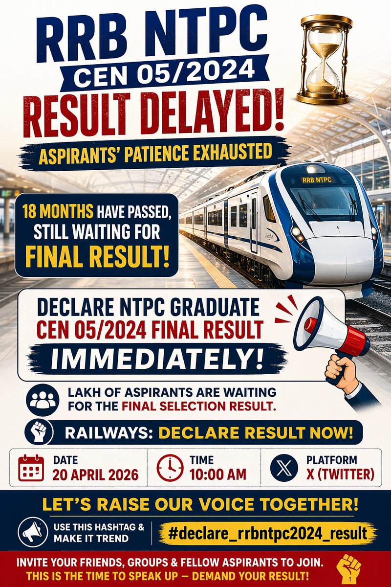 prakashsirmaths's tweet photo. RRB NTPC 2024 का रिज़ल्ट आखिर कब आएगा? 18 महीने से लाखों छात्र इंतज़ार कर रहे हैं। अब और देरी बर्दाश्त नहीं!
📢 20 अप्रैल 2026 | सुबह 10 बजे
👉 X (Twitter) पर आवाज़ उठाएं

#declare_rrbntpc2024_result
@RailMinIndia  @RRBAhmedabad @AshwiniVaishnaw
@TheNews_Punch https://t.co/AkanGD7aRN