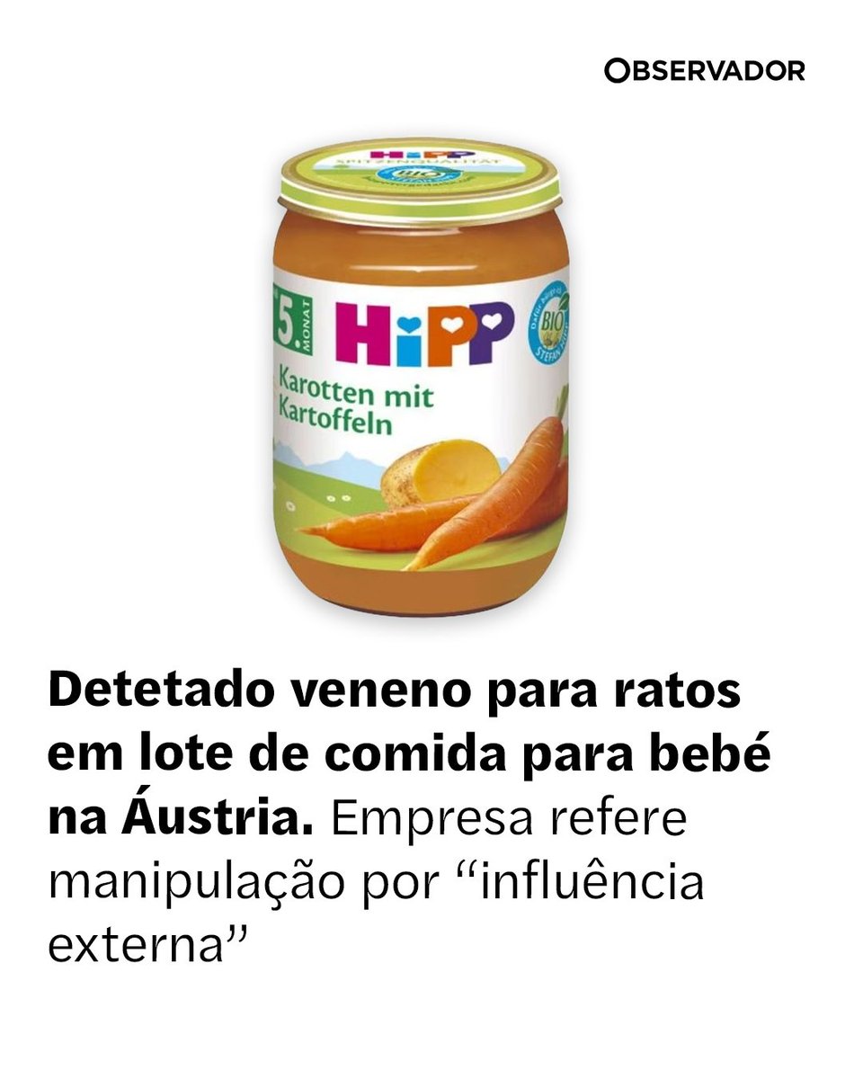 observadorpt's tweet image. Um autocolante branco com um círculo vermelho no fundo de um frasco da marca HiPP chamou a atenção de um cliente. Investigação policial concluiu que o alimento continha veneno para ratos.

Saiba mais no link nos comentários.

#Áustria #Crime #Alimentação #Bebés