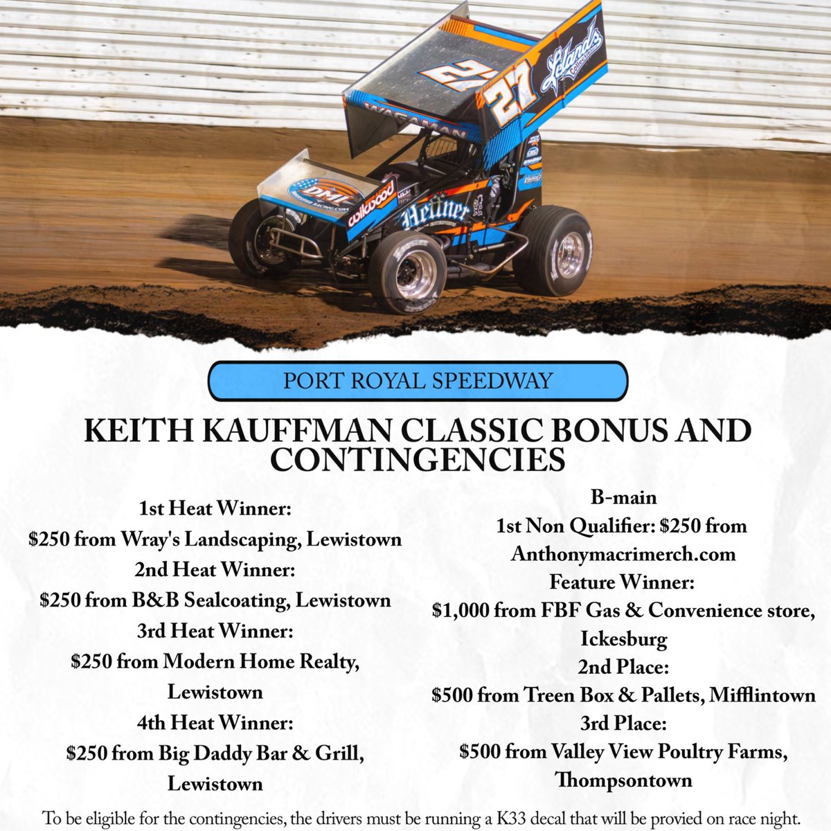 The Keith Kauffman Classic is next up at Port Royal Speedway!

We’ve had fantastic support to bring some extra cash to add on to the purse. 

The A-main will now pay $16,000 for the winner. 2nd and 3rd will get some extra cash, heat race winners, and first non-qualifier!

See you