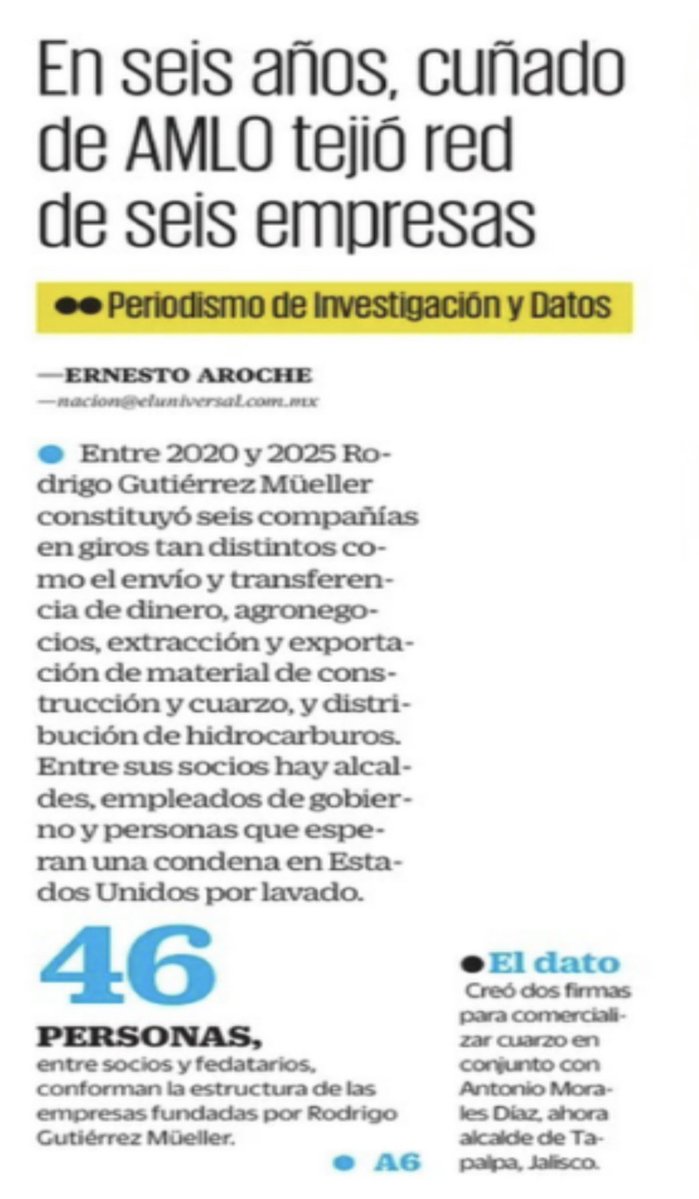 Esto ya debería ser un escándalo. En 6 años el hermano de Beatriz Gutiérrez Müller, Rodrigo, es decir el cuñado de AMLO, creó 6 empresas. Suman un capital social de 11.4 mdp, con 2.2 mdp aportados por él. La red incluye empresas espejo para mover dinero entre México y EU.