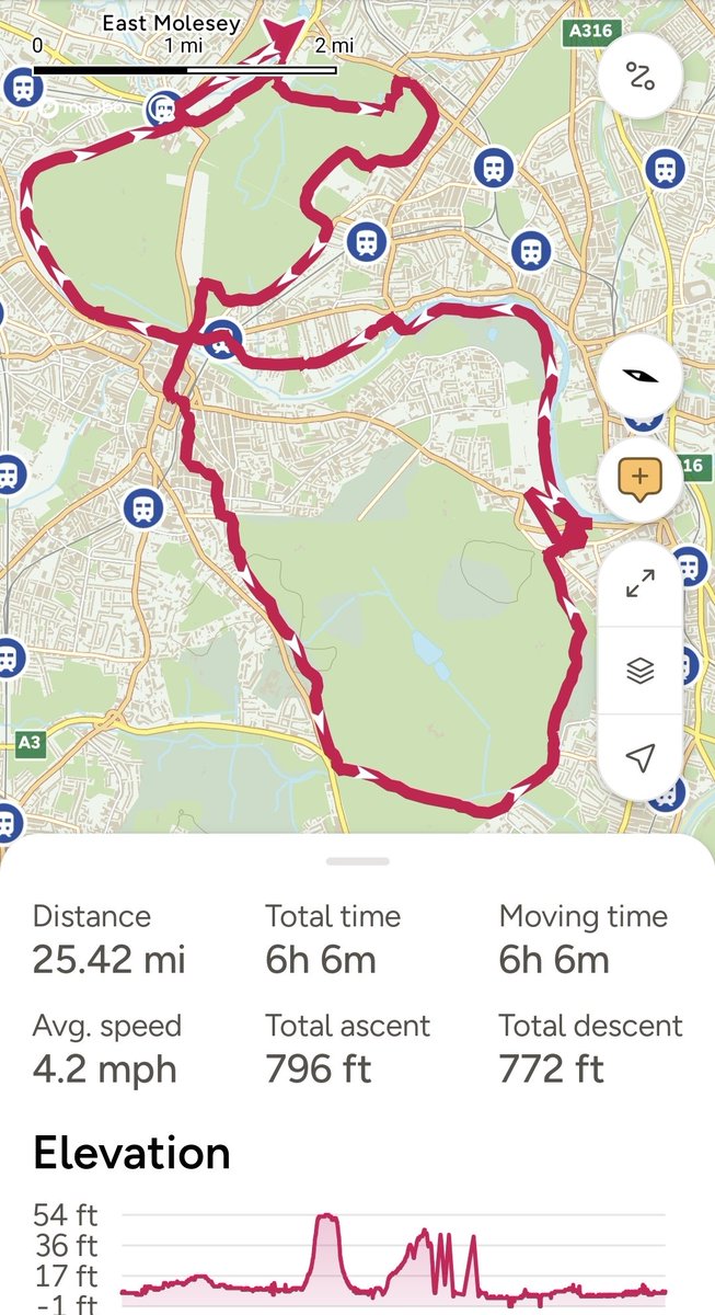SBaxter77's tweet photo. A pacey 23 miler today (GPS said 25.4 but went lala for a couple of miles) from #WestMolesey through #BusheyPark, #Kingston, #RichmondPark, #Teddington &amp; #HamptonWick. A banging sausage sarnie &amp; cuppa at 14 miles, a good time and popped by my old school! #NowRest #Hiking https://t.co/opwnPVtM0a