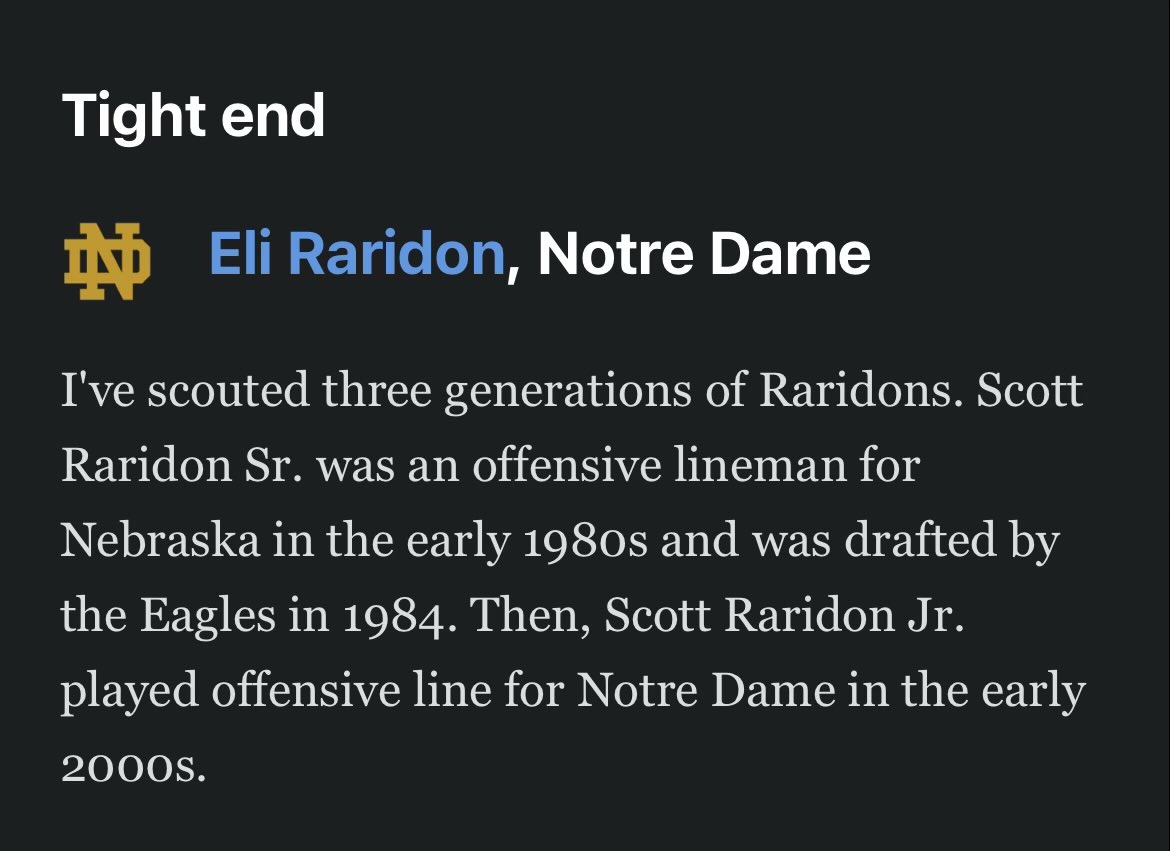 BenjaminSolak's tweet photo. Wild opening line from @MelKiperESPN on Notre Dame TE Eli Raridon (also good take on him as a sleeper) https://t.co/YgKLHiirQk
