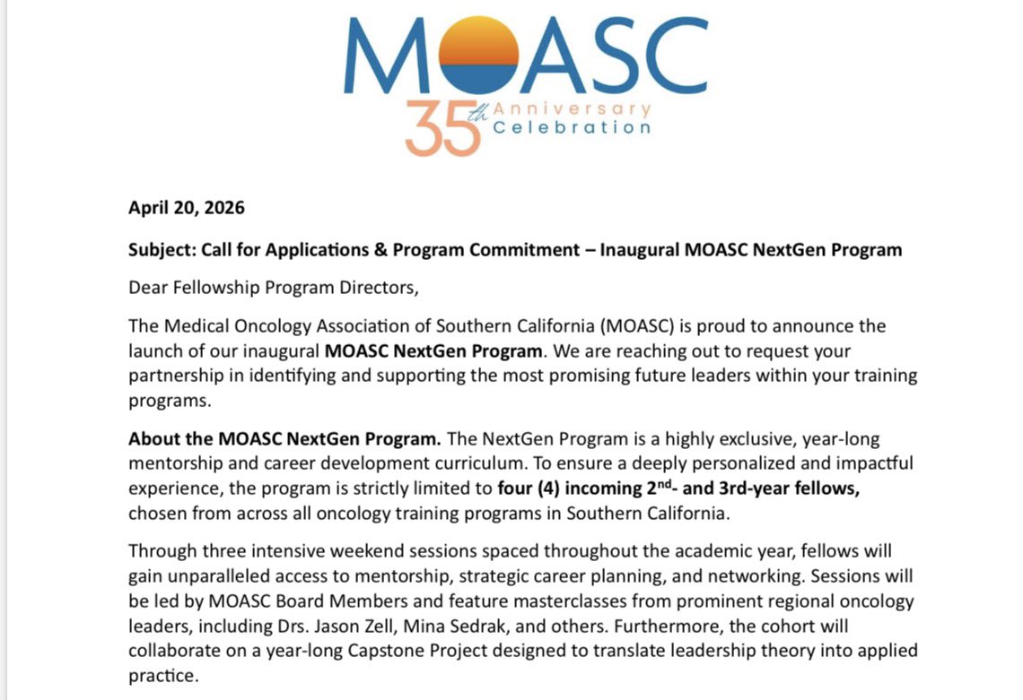 montypal's tweet image. Are you a 2nd or 3rd year heme-onc fellow in the #SoCal area? We at @MOASC_Office have created something for you! Consider applying to the inaugural #MOASC #NextGen Program, designed to pair the best &amp;amp; brightest fellows in our region with experienced faculty in a year-long