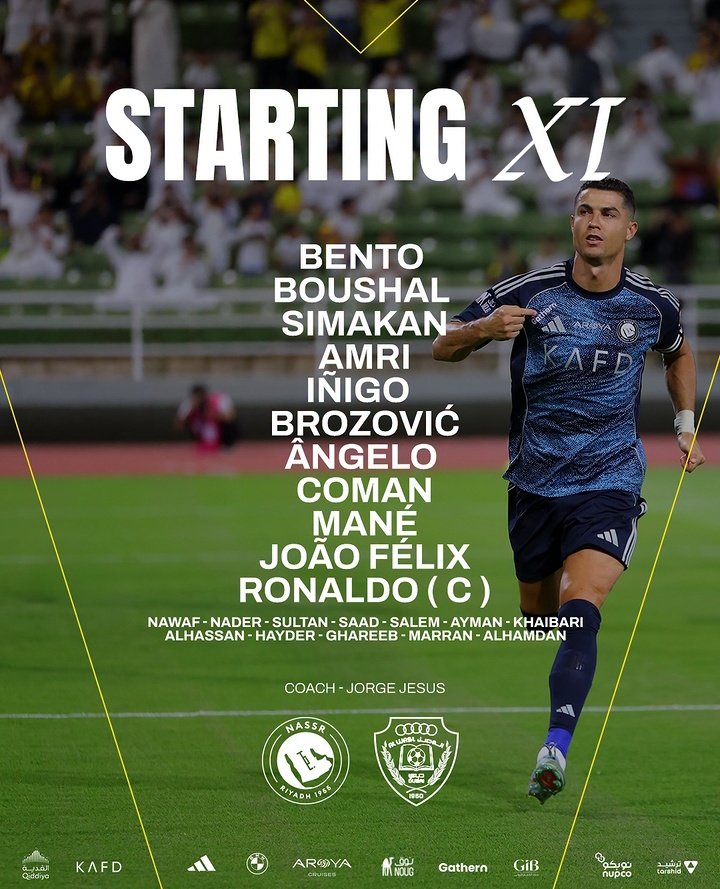 🚨🚨Todo listo con el Once de nuestro jugadores de hoy del #Alnassr!💛💙

#CR7𓃵7 #GOAT𓃵7 #HalaRonaldo #VivaRonaldo #Alnassr #CristianoRonaldo #Bicho #dubaï