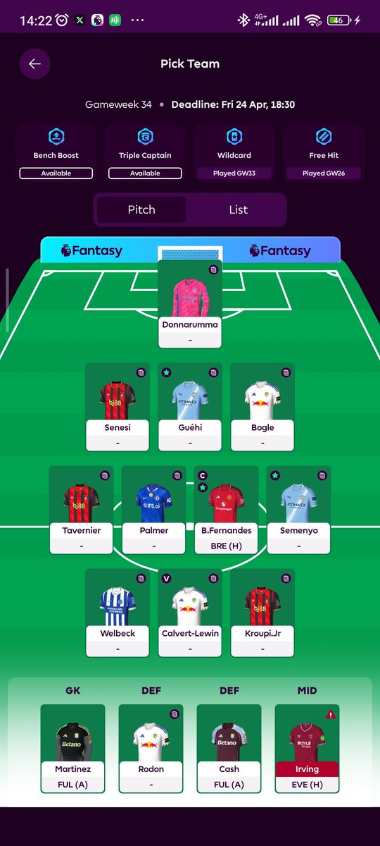 jaipi_'s tweet photo. You and me both 🤣 I used my wildcard in GW33 to secure 10 players for the double.

I'll take a -12 in GW 34 &amp; I will have 7 players on the pitch in total, which is fine. An error I made, on the other hand, was to ©️ Bruno this week 🤭. Goodluck to us!! https://t.co/jpcbDfLrWV