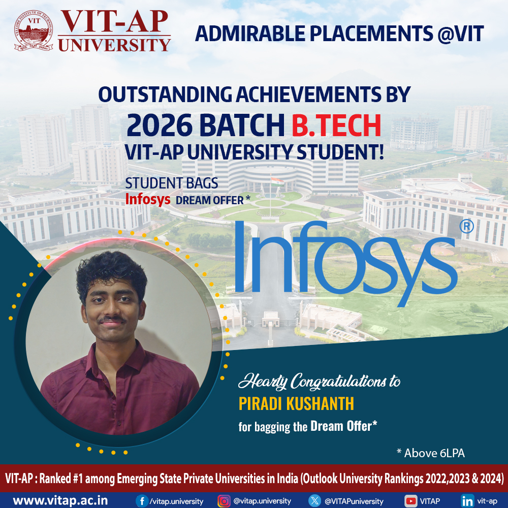 VITAPuniversity's tweet image. Bridging Ambition &amp;amp; Achievement at VIT-AP!

B.Tech Class of 2026 secures Dream Offers (6+ LPA) at Infosys 

From classroom to corporate — proud of our future tech leaders!

#VITAP #Infosys #DreamOffer #Placements2026 #ClassOf2026 #CareerSuccess