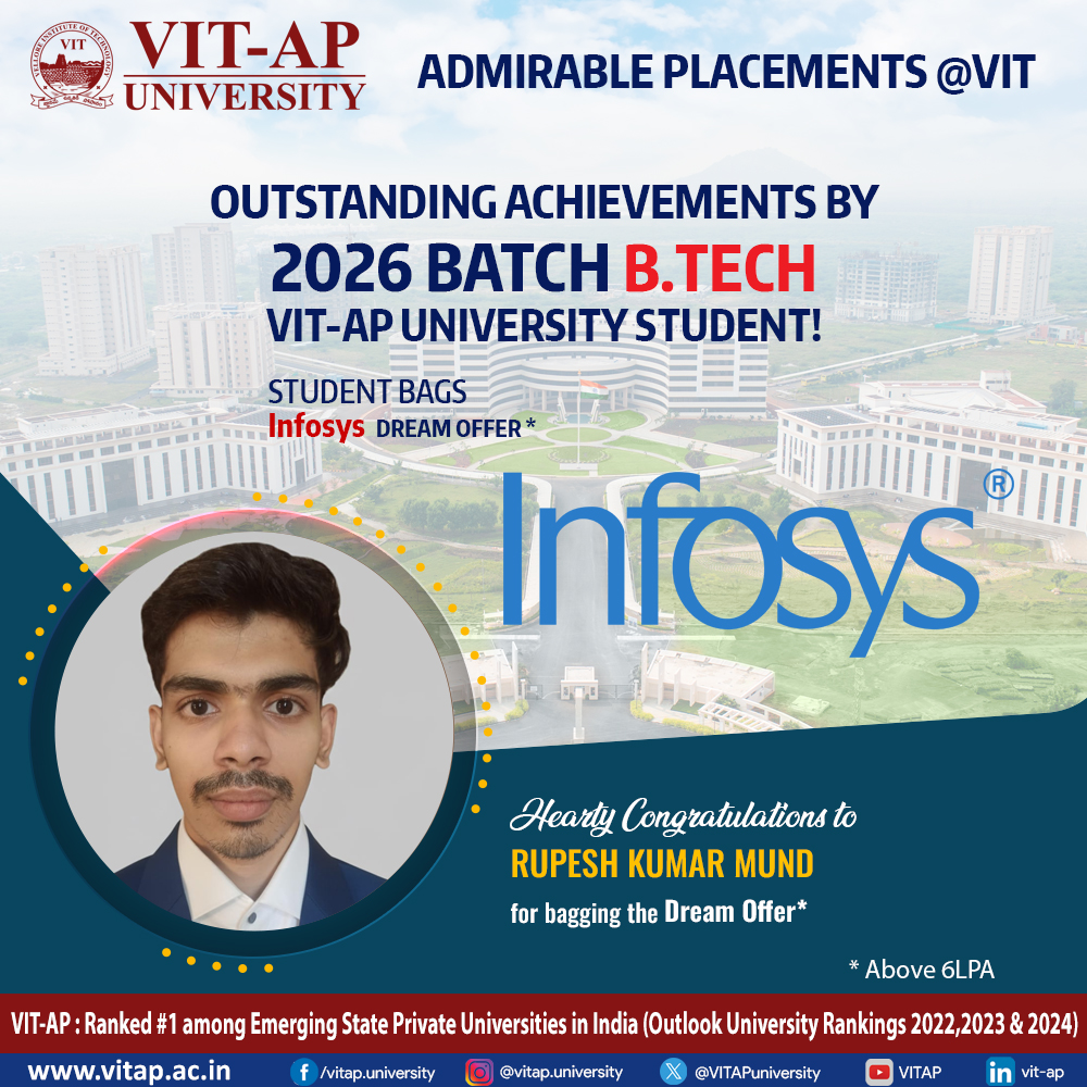 VITAPuniversity's tweet image. Bridging Ambition &amp;amp; Achievement at VIT-AP!

B.Tech Class of 2026 secures Dream Offers (6+ LPA) at Infosys 

From classroom to corporate — proud of our future tech leaders!

#VITAP #Infosys #DreamOffer #Placements2026 #ClassOf2026 #CareerSuccess
