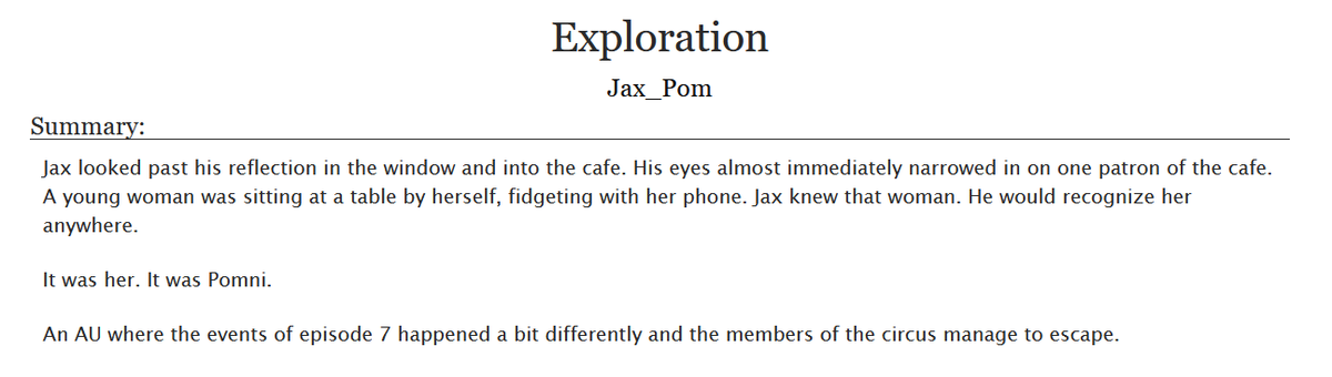 Seasalt_MQ's tweet photo. FunnyBunny fic recommendation of the day:
"Exploration"
by Jax_Pom

Up there as one of my favorite escape AU fic. Jax here is still a messed up little a-hole, but he's Pomni's. Also the friend group chat at the end of each chapter is fun to read characters talking.
#funnybunny https://t.co/rvfA7EPdXD