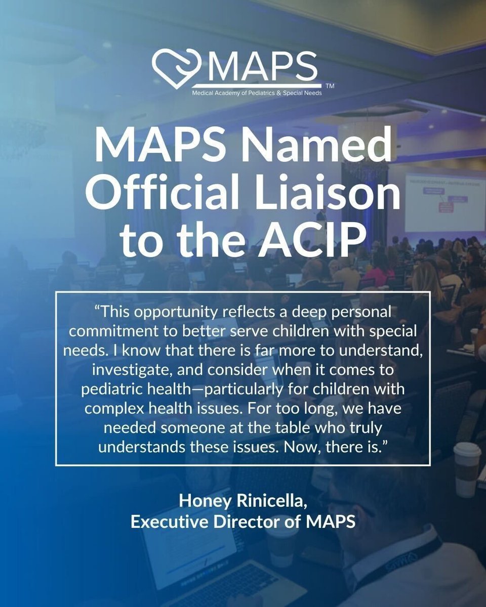 MedMAPS's tweet image. Medical Academy of Pediatric Special Needs is now a liaison to Advisory Committee on Immunization Practices (ACIP)—helping shape U.S. vaccine guidance with a voice for complex kids.

Learn more: medmaps.org

#MAPS #ACIP