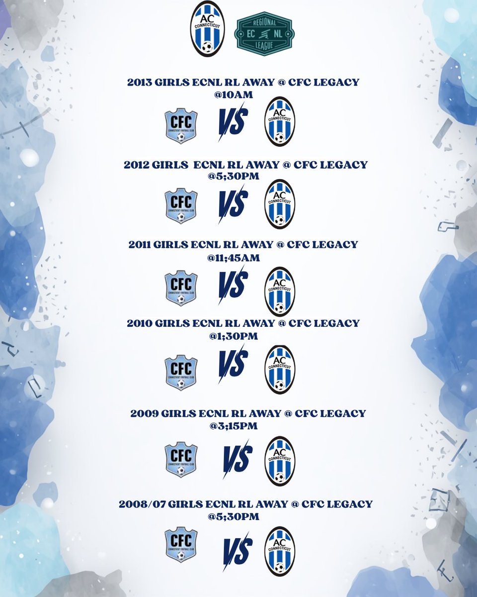 ACConnecticut's tweet image. In-state GAMEDAY! 🔵⚪️ 

Good luck to our @ECNLboys &amp;amp; ECRL boys, as well as our @ECNLgirls - RL &amp;amp; Pre ECNL girls taking on CFC today. 😤💪

Let’s get after it! 👊

#ACC | #ECNL | #MoreThanALeague