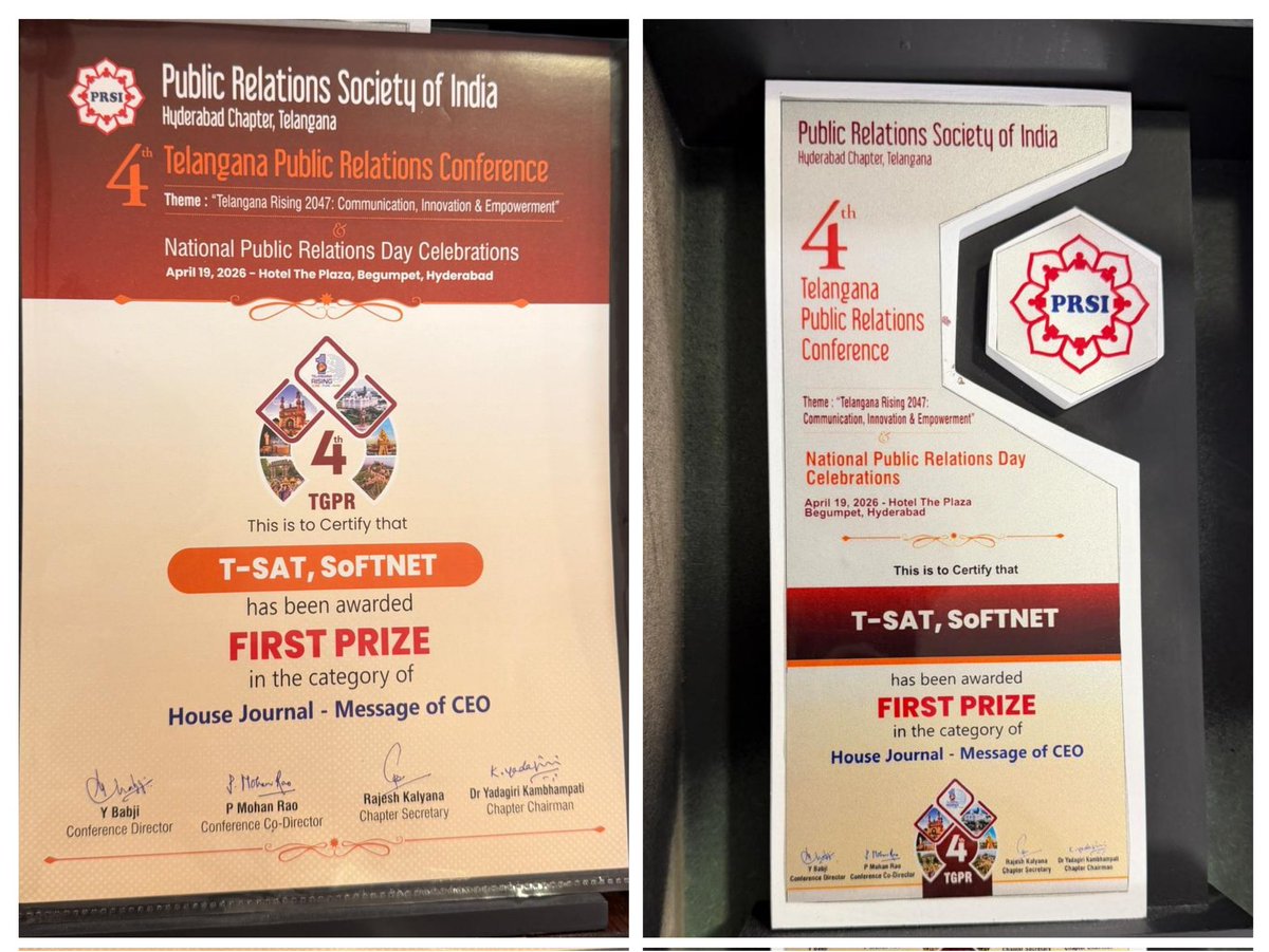 TSATnetwork's tweet image. 🏆 T-SAT (SoFTNET) wins 🥇 FIRST PRIZE in Website &amp;amp; Journals at the 4th Telangana Public Relations Conference by PRSI Hyderabad.

Awards received by ED Md. Sadiq Pasha &amp;amp; GM Peesari Lingareddy on behalf of CEO.

#TSAT #PRSI #TelanganaRising2047 #PublicRelations