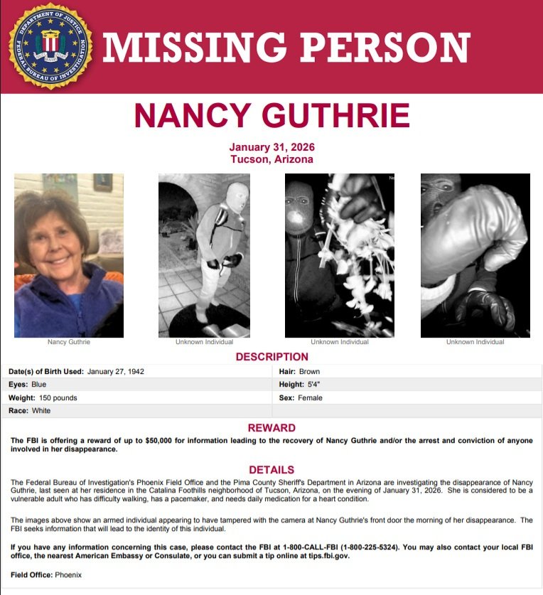 Christy_fromTO's tweet image. 𝗗𝗮𝘆 𝟳𝟴 | 𝗡𝗮𝗻𝗰𝘆'𝘀 𝗦𝘁𝗶𝗹𝗹 𝗠𝗶𝘀𝘀𝗶𝗻𝗴 
If you have ANY information
    𝗖𝗮𝗹𝗹 𝟭 - 𝟴𝟬𝟬 - 𝗖𝗮𝗹𝗹 - 𝗙𝗕𝗜
Submit a tip TIPS.FBI.GOV 
Nancy 𝗚𝘂𝘁𝗵𝗿𝗶𝗲 was not found.
  𝗪𝗵𝗲𝗿𝗲 𝗶𝘀 𝗡𝗮𝗻𝗰𝘆 𝗚𝘂𝘁𝗵𝗿𝗶𝗲?
  #NancyGuthrie #MISSING