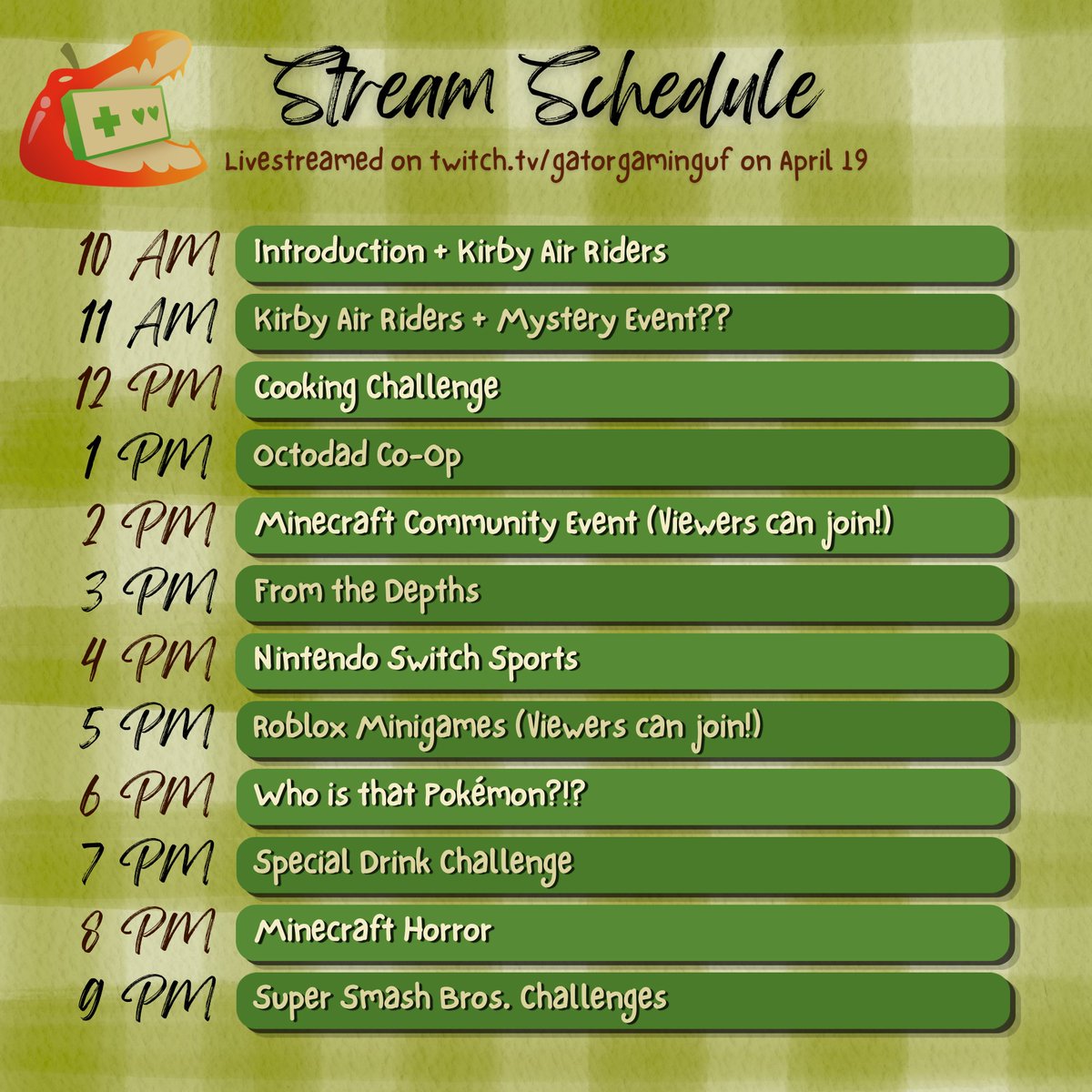 GatorGaming's tweet photo. Day 2 of the Apple Family Charity Weekend has arrived!

Today we'll be streaming on Twitch from 10 AM to 10 PM.

Join and participate in community events, donate to reach milestones and turn the tides of the stream, or watch the chaos unfold!

Watch on https://t.co/JKx0j2MaP6🍎 https://t.co/MCr9P4YLdJ