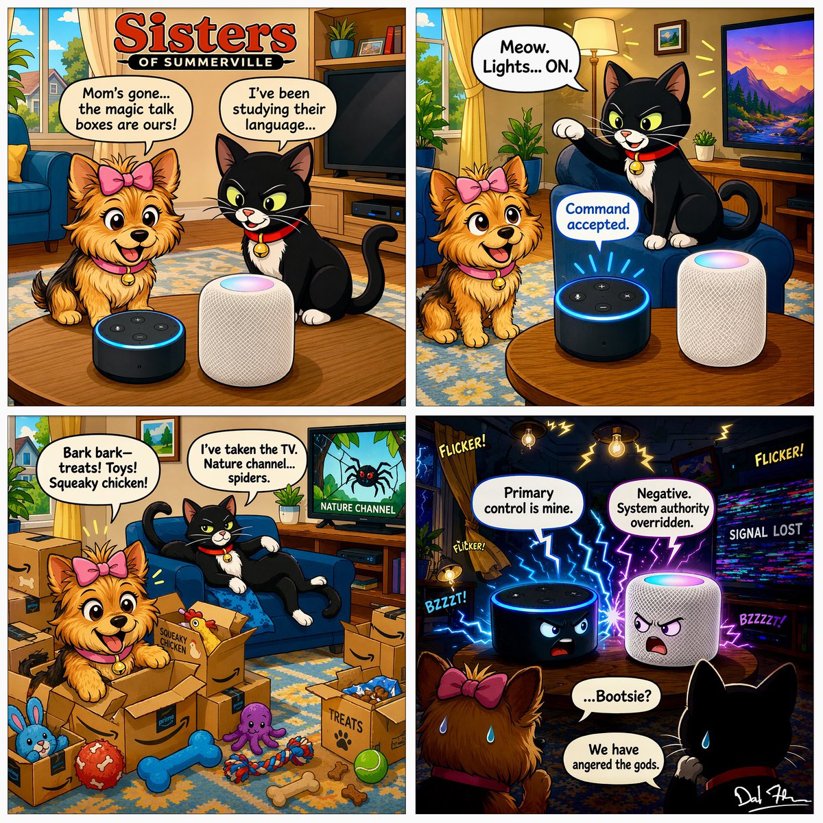 dfliesen's tweet image. 🤖 #SistersOfSummerville: “#TechnologyTakeover” 📦
Honey Bear and Bootsie Belle unlock a dangerous new discovery: #Alexa and #Siri can now understand #barks and #meows! But maybe some powers aren’t meant to be unleashed. 😱💡

👉 Catch even more at:
sisters-of-summerville.github.io