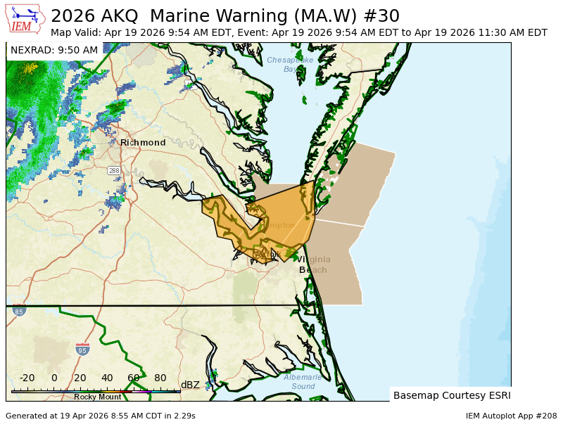 AKQ issues Marine Warning [wind: >34 KTS, hail: 0.00 IN] for 6 forecast zones in [AN] till Apr 19, 11:30 AM EDT mesonet.agron.iastate.edu/vtec/f/2026-O-…