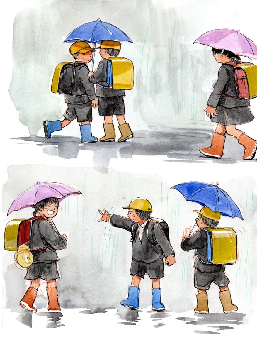 nrkkotk's tweet image. #illustration #Boy #イラスト #男子
突然の雨に降られたらしき信号待ち中の相合傘男児たちが通りかかった女児にからかわれていたのがかわいかった。