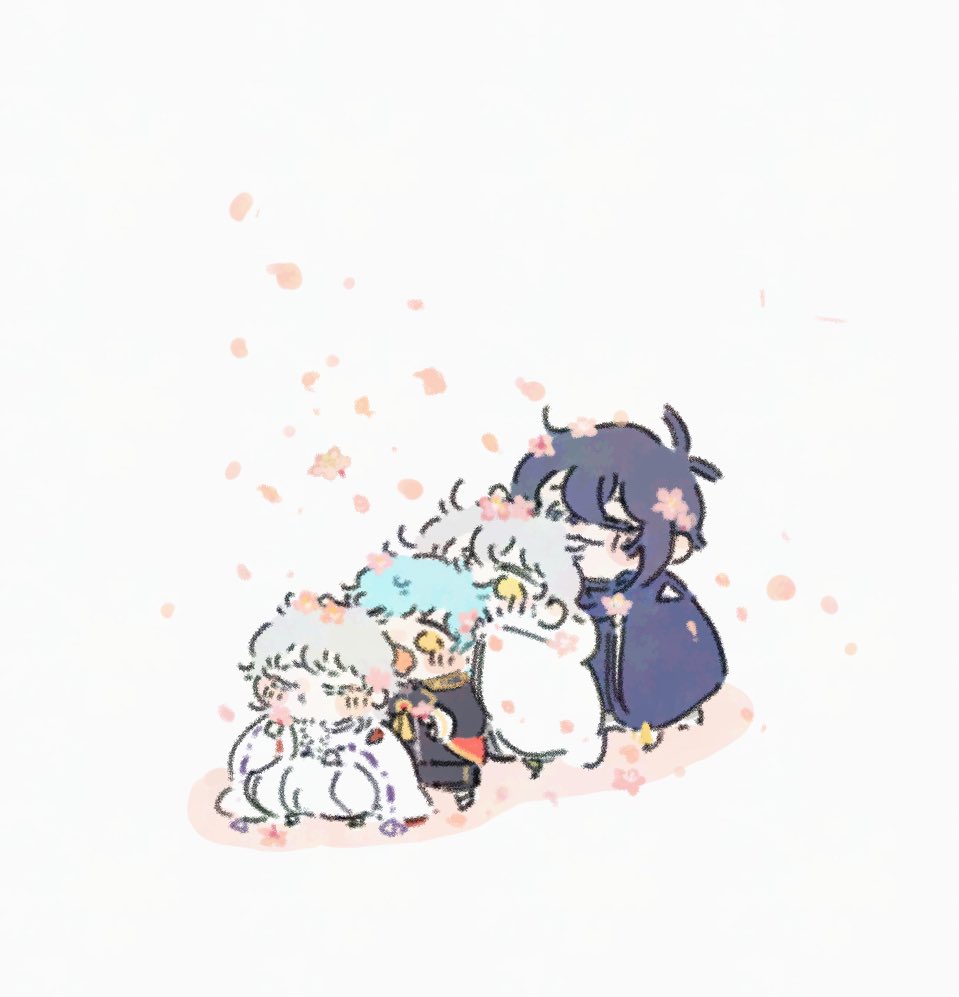 31_tono3's tweet photo. 桜を楽しむ写しちゃんたち
(※三日月、太刀小太刀鶴丸、一期写しちゃん) https://t.co/4OBnjTwbcx