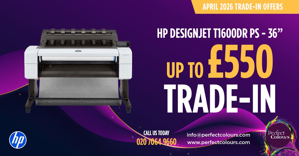 perfectcolours's tweet image. Our April offers are still rolling! 

Order a new @HPUK DesignJet T1600DR Postscript 36" printer before the end of the month and you could trade in your old printer for up to £550. 

Talk to our sales team today on 020 7064 9660 

#wideformat #printer
