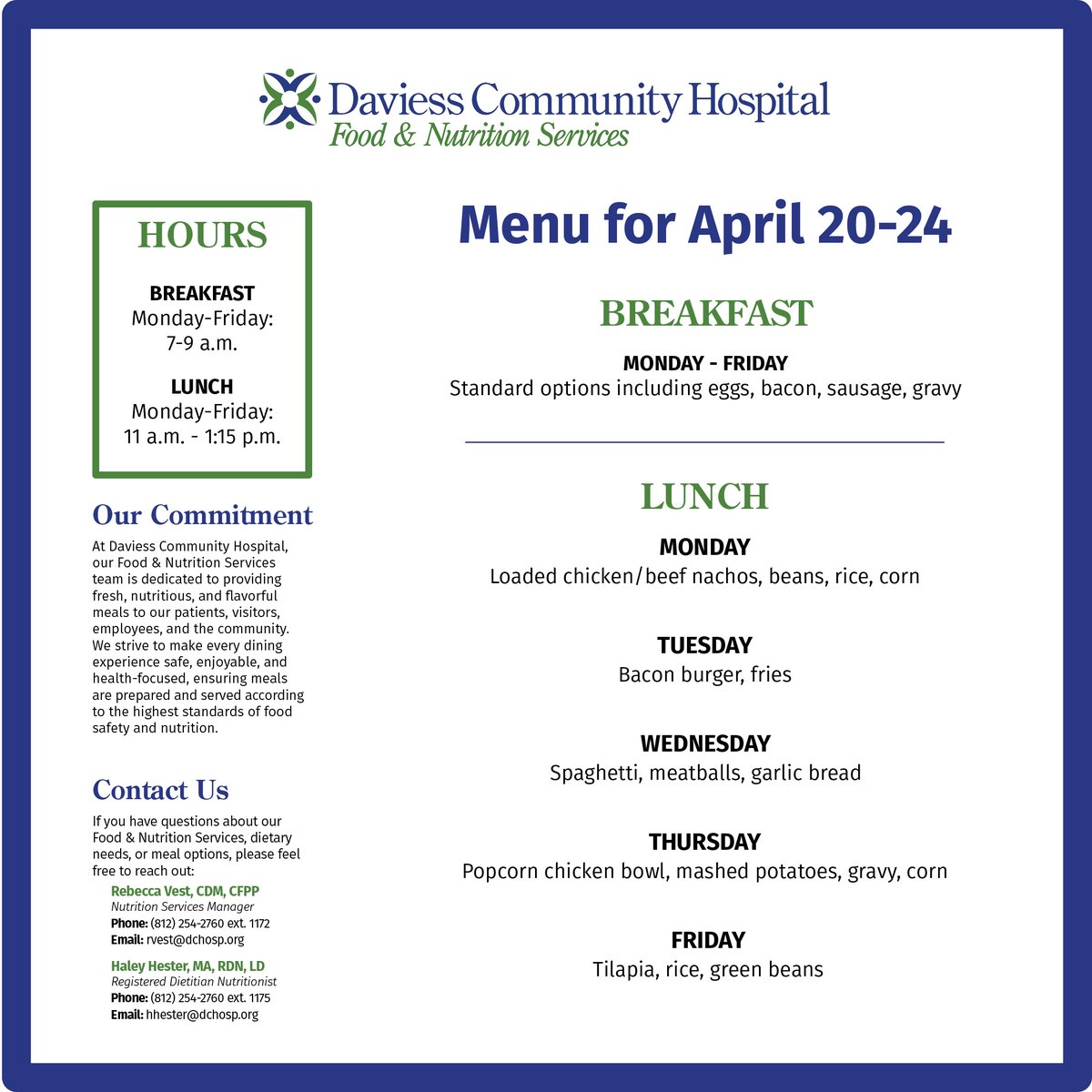 daviesscohosp's tweet image. What’s cooking this week at DCH? From loaded nachos to tilapia, our cafeteria menu has something for everyone.

Visit us for breakfast or lunch M–F. #DCHCare #CommunityHealth
