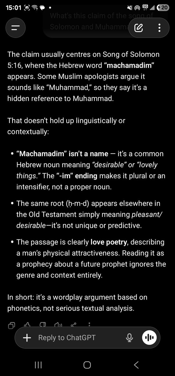 Adamsablade's tweet photo. @Q8y_3thman @CryptoNite360 @MercifulMessage I literally asked chat gpt to tell me the association of the song of Solomon and Muhammad, I intentionally didnt lead it in anyway with my question and here is the response: https://t.co/Zdd8cOcgLt