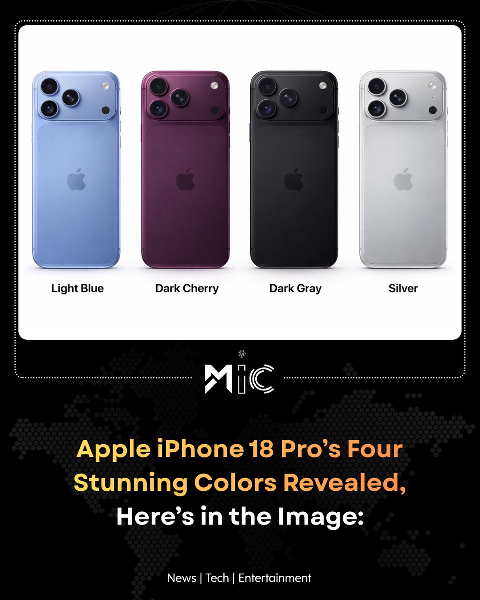 mictechofficiaI's tweet image. iPhone 18 Pro leaks hint at a redesigned look with a new camera setup and smoother, seamless back. It may come in Light Blue, Dark Cherry, Dark Gray, and Silver, but Apple hasn’t confirmed anything yet.

#iPhone18Pro #AppleLeaks #TechRumors #mictech #micnews