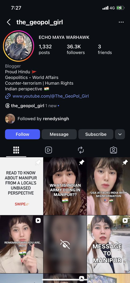 This BIATCH is another deep state agent who runs on the hatred of Manipur &amp; especially MEITEI. Need mass R&amp;port of Insta.