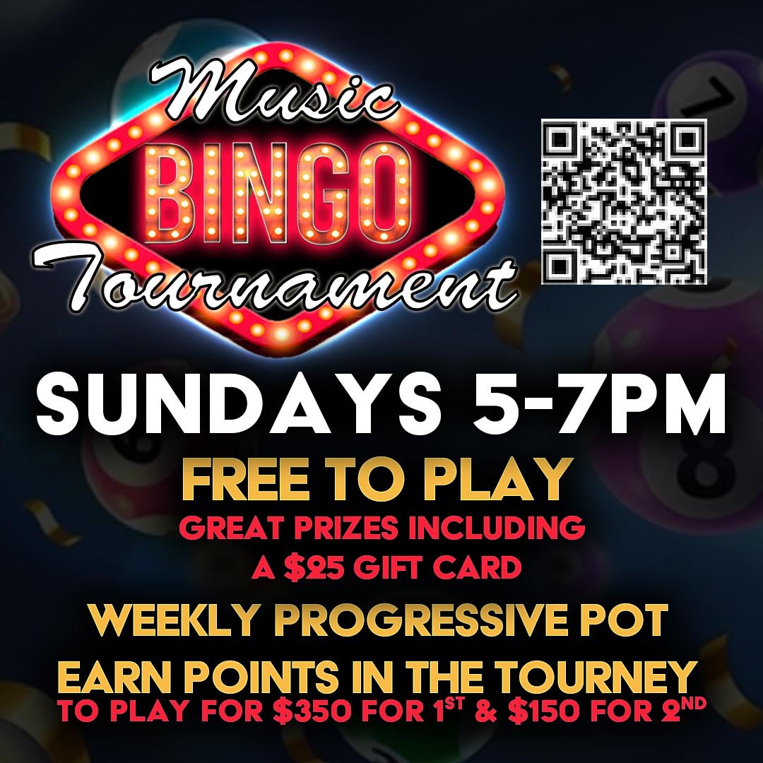 Sunday Music Bingo Tournament Tonight at The Kingdom! 🎶 Every Sunday 5–7 PM — FREE &amp; family-friendly. Bring your crew, grab some grub, and rack up points weekly toward $350 (1st) or $150 (2nd)! 🏆 Plus weekly gift cards &amp; prizes. Sing it. Shout it. Mark it. Win it. 🎤