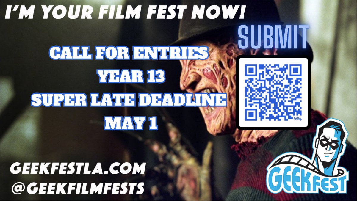 GeekFilmFests's tweet image. @GeekFilmFests Year 13 
Submit your geek shorts and web series 
#Scifi 
#Horror 
#Fantasy 
#Action 
#FanFilm
World's Best Traveling Geek Genre Comic Convention Film Festival TOUR 
One Fee, Multiple Events filmfreeway.com/GeekFest 
#FilmX #GeekFest #ComicCon