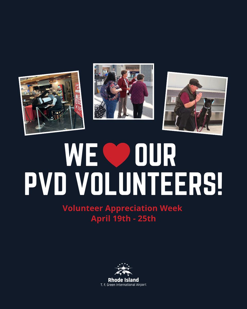IFlyRhodeIsland's tweet photo. Happy Volunteer Appreciation Week! We want to give a big thank you to the fantastic volunteers who help make PVD a better airport experience. Stay tuned this week to hear from our amazing volunteers! β€οΈβοΈ #FlyRI
Want to become a PVD volunteer? Visit https://t.co/aYLq6fIu3O https://t.co/YNMJtLOSBK