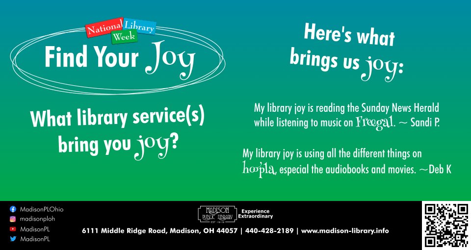 MadisonPL's tweet image. ✨ Find Your Joy at the Library! 💛 Celebrate National Library Week with hidden gems like creative spaces, tech help, and unique programs. What's your favorite library surprise? 📚✨ #NationalLibraryWeek #FindYourJoy #LibraryLove