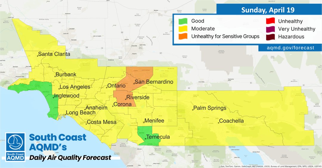 SouthCoastAQMD's tweet image. #AirQuality Forecast (Sunday, April 19th): aqmd.gov/forecast
🏖 Coastal: Good -to- Moderate
🏙 LA: Moderate 
🌅 OC: Moderate 
🌄 Inland Empire: Good -to- Unhealthy for Sensitive Groups 
🌴 Coachella Valley: Moderate 

View our Real Time #AQI Map: aqmd.gov/aqimap