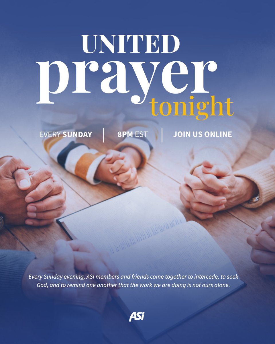 Every Sunday, we stop and we pray together.

United Prayer is a weekly gathering where ASI members and friends come before God as one body. Just people who believe the work we are doing in the marketplace has to be rooted in something deeper. Join us tonight at 8 PM Eastern.