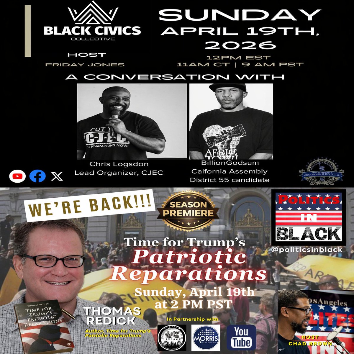 My Sunday.
🔹 NAASD’s dialogue with Chris Lodgson (CJEC) &amp; BillionGodsun (Candidate) 9 am PST
 🔹“Politics in Black” featuring Thomas Redick 
2 PM PST
From grassroots to policy.
Be in the room. ✊🏾
#NAASD #PoliticsInBlack #Reparations #CJEC #D55