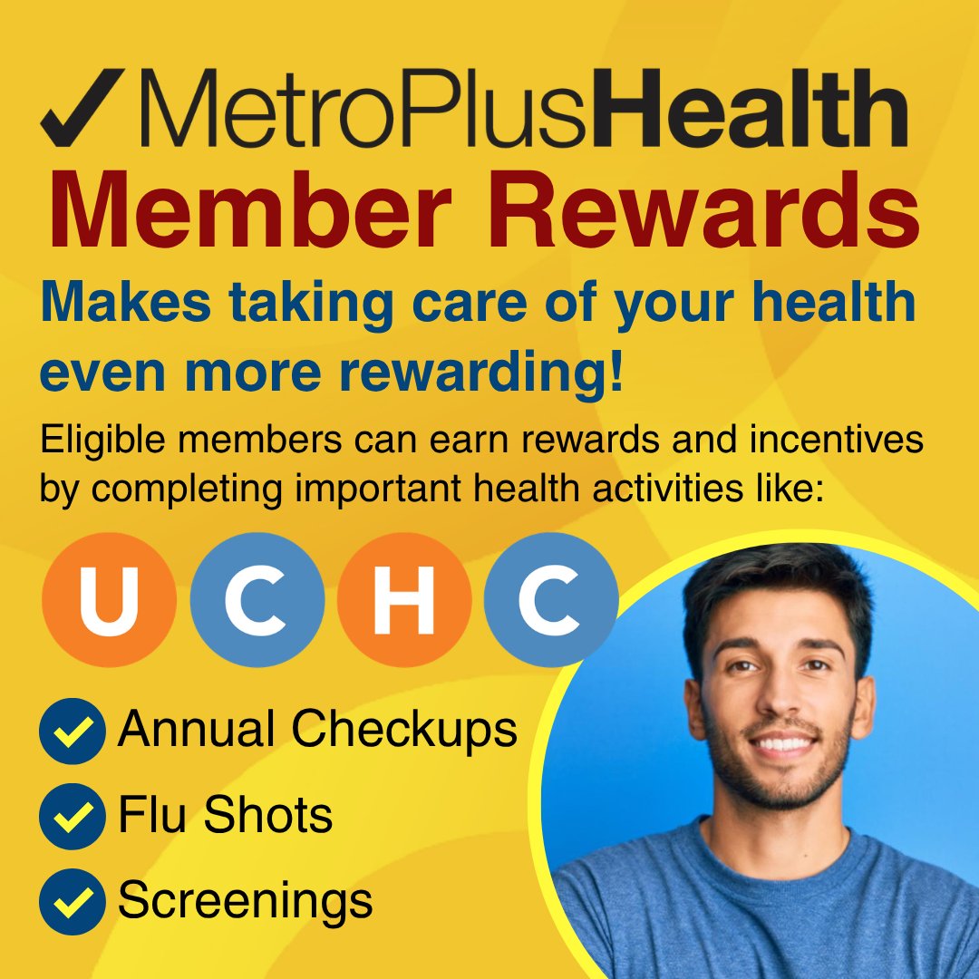 UCHC_Bronx's tweet image. @MetroPlusHealth Member #Rewards Program makes taking care of your health even more rewarding! Complete important #health activities like: ✅Annual Checkups ✅Flu Shots ✅Screenings

Use your benefits, visit UCHC: 📞718-220-2020 💻visit: uchcbronx.org