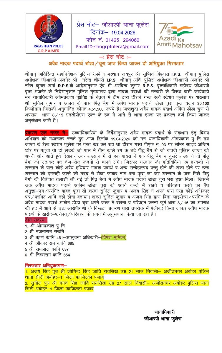जीआरपी थाना फुलेरा द्वारा अवैध मादक प्रदार्थो के विरूद्ध प्रभावी कार्रवाही करते हुए 30.100 किलोग्राम डोडा चुरा सहित दो अभियुक्तों को किया गिरफ्तार