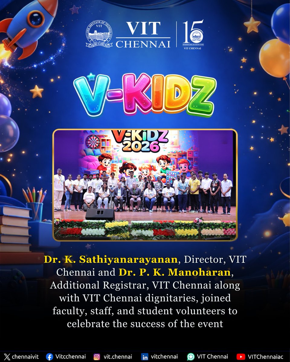ChennaiVit's tweet image. Celebrating the joy of togetherness and success!

V-KIDZ 2026 brought smiles, energy, and unforgettable moments as the VIT Chennai community came together to make it truly special.

#VITChennai #VKIDZ2026 #CampusLife #TogetherWeCelebrate #MakingMemories