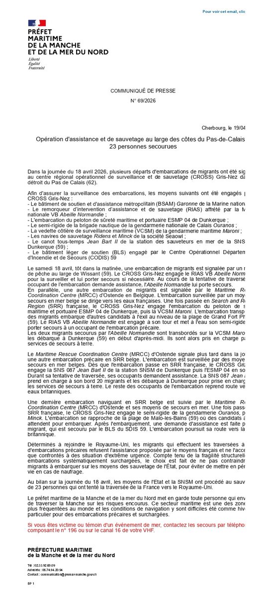 premarmanche's tweet image. [#Opérations] d'assistance et de sauvetage le 18 avril au large des côtes du Pas-de-Calais : 23 personnes secourues.   
Coordination par @CROSSGrisNez 

Pour en savoir plus : premar-manche.gouv.fr/communiques-pr…