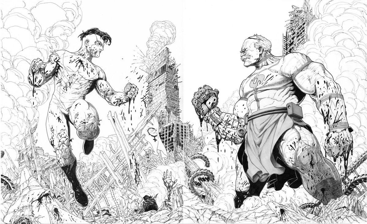 In early 2025 I did a 14x17 drawing on #conquest then was commissioned to do a companion piece of #invincible same size. One drawing became two commissions. But this is what they look like put together. 
<a href="/ImageComics/">Image Comics</a> #brutal #battle